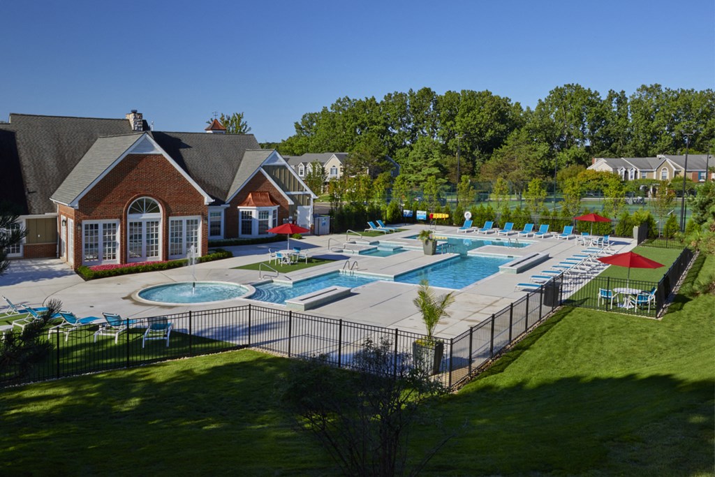 an aerial view of the pool at the crossings at radnor resort and spa