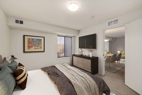 a bedroom with a bed and a tv and a living room