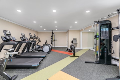a gym with cardio equipment and weights on the floor