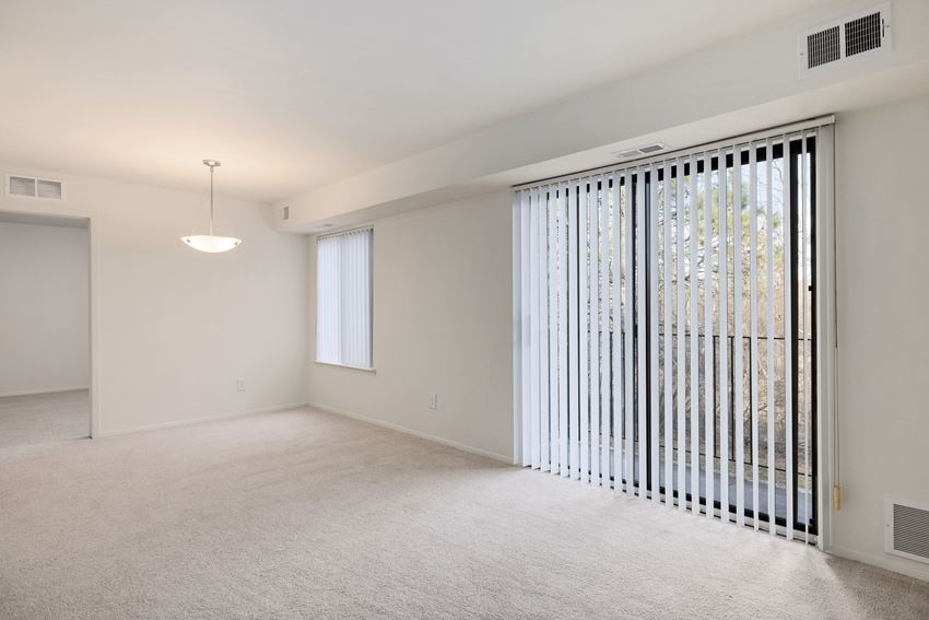 a bedroom with a large window and white carpet