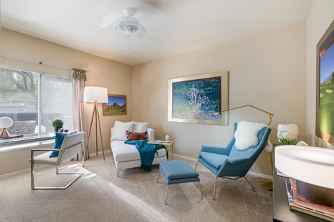 a living room with a couch and chairs and a sink