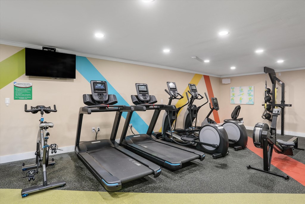 a gym with cardio equipment and a tv on the wall