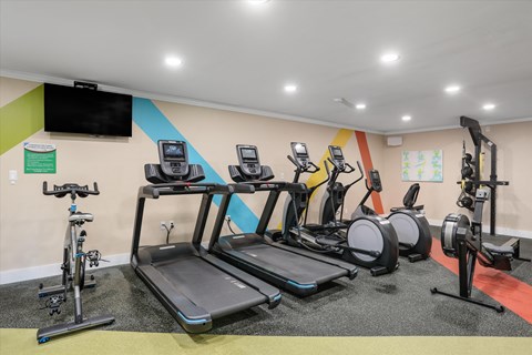 a gym with cardio equipment and a tv on the wall