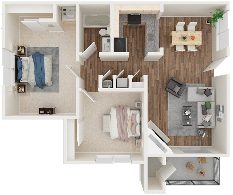 2 bedroom 1 bath 3D floor plan layout