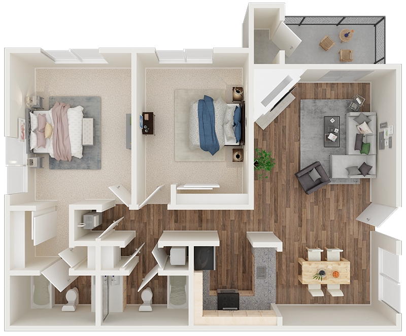 2 bedroom 2 bath 3D floor plan layout