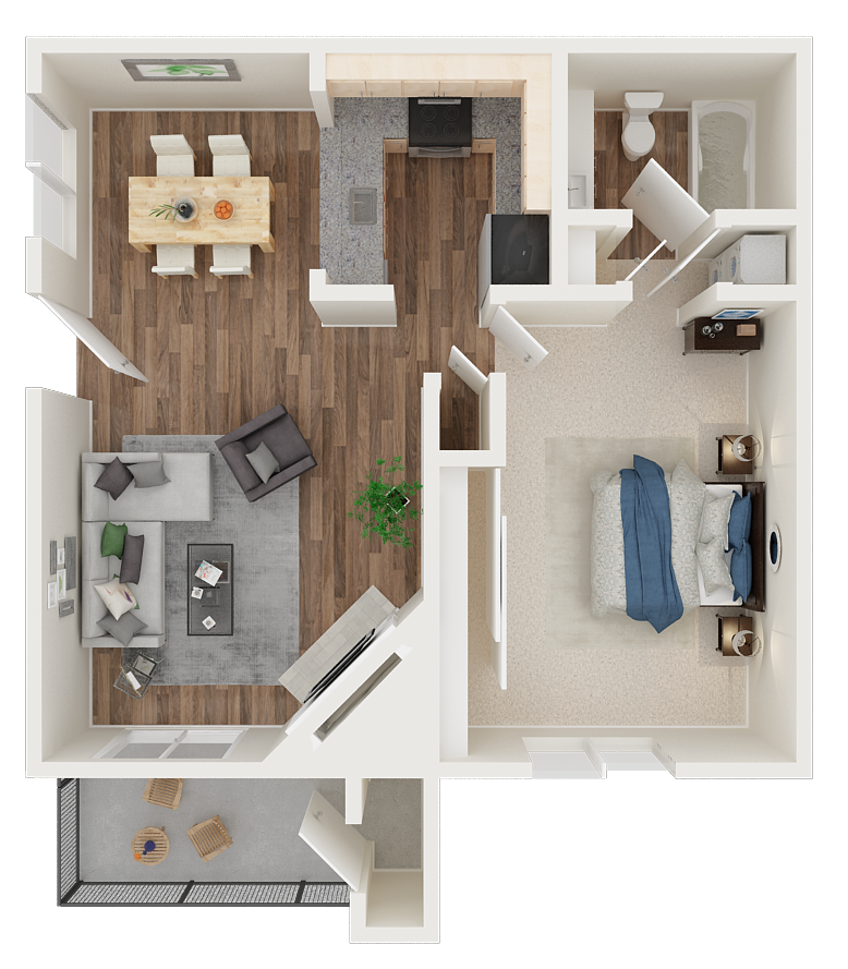 1 bedroom 1 bath 3D floor plan layout