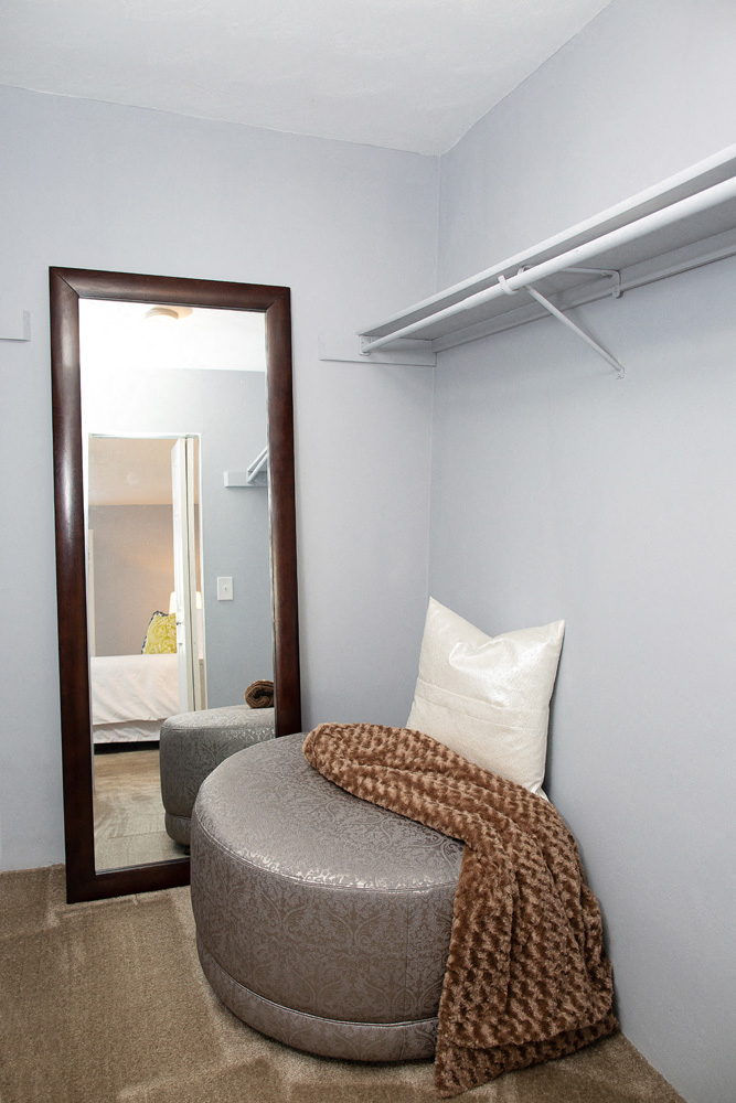 Walk in closet with shelf and mirror