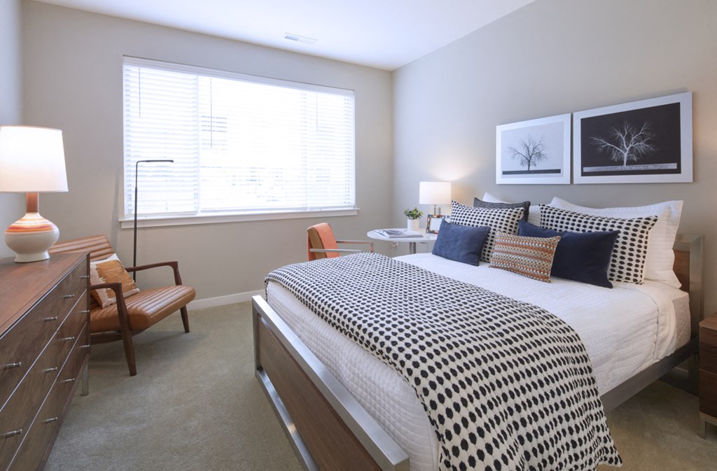 a bedroom with a bed and a dresser and a window