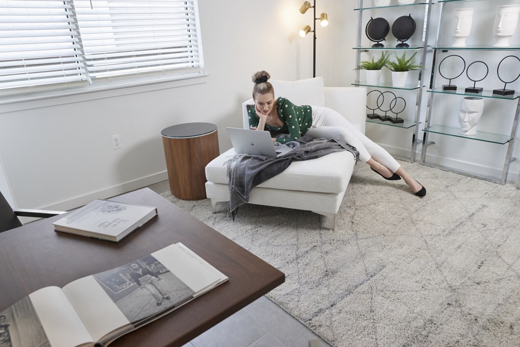 a woman sitting on a couch using a laptop computer