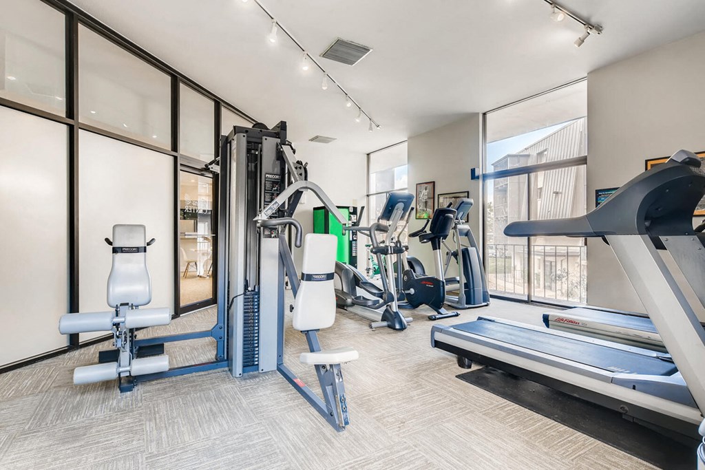 a gym with weights and cardio equipment at the district at highland village apartments