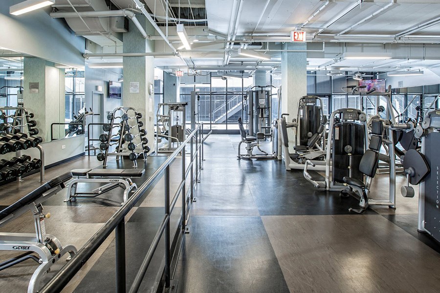 a gym with weights and cardio equipment in a building
