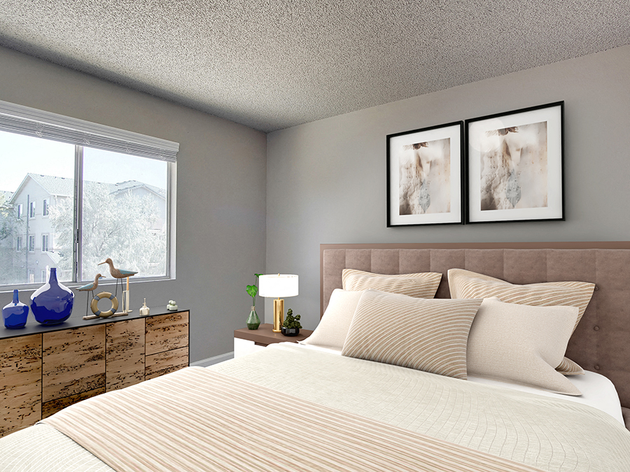 Bedroom with window   l The Aurora Apartments