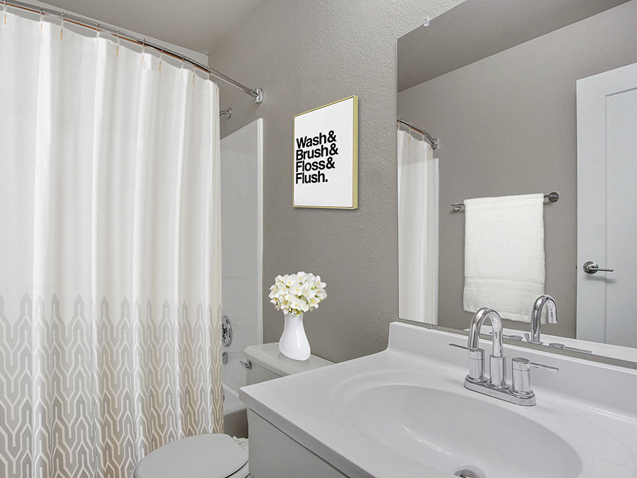 Bathroom sink and shower  l The Aurora Apartments