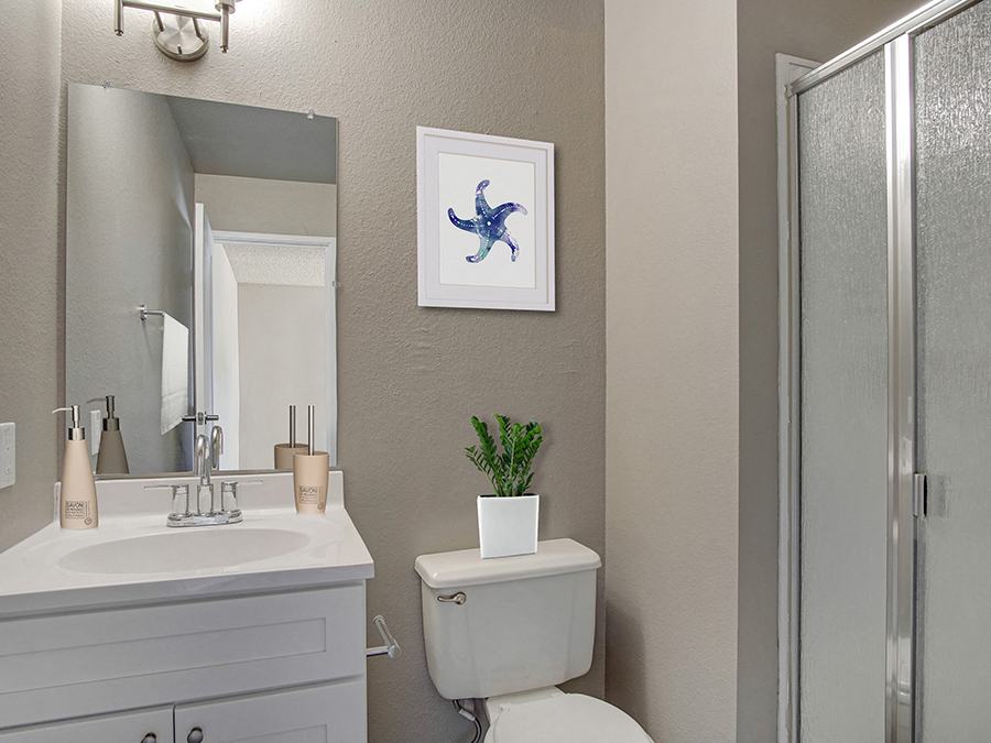 Bathroom sink and shower  l The Aurora Apartments