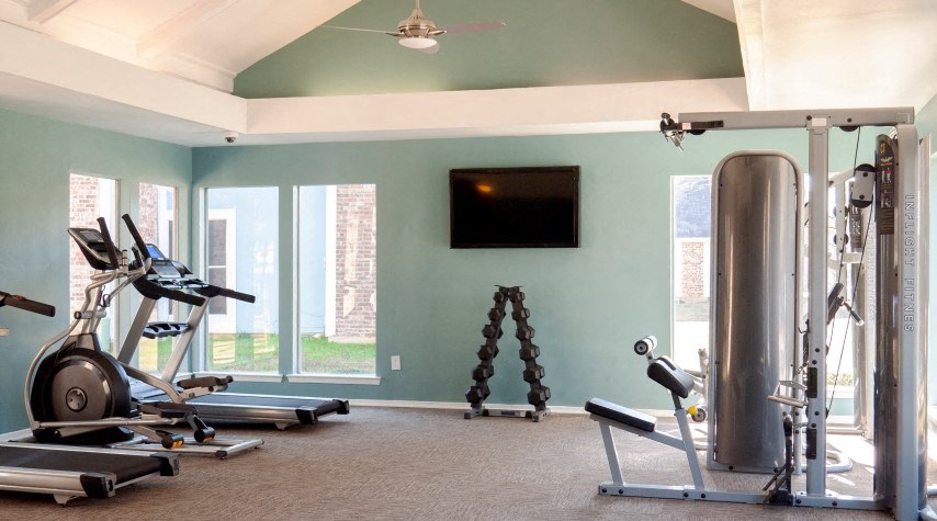 the gym has plenty of exercise equipment and a television