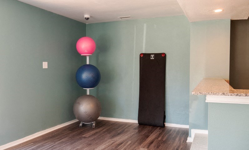 a room with a yoga ball and a vibration machine