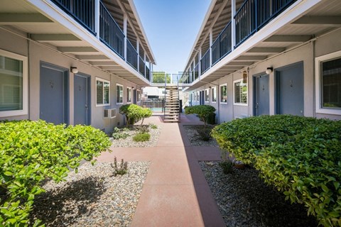 the courtyard of a building with bushes and a staircase