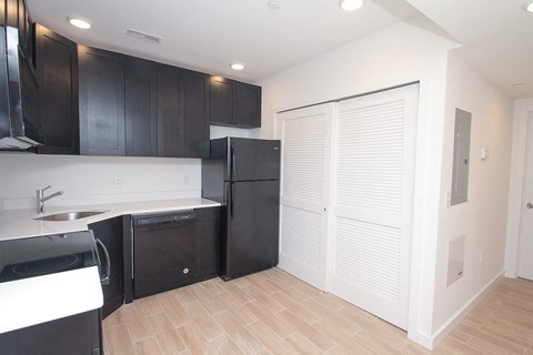 a kitchen with black cabinets and a black refrigerator