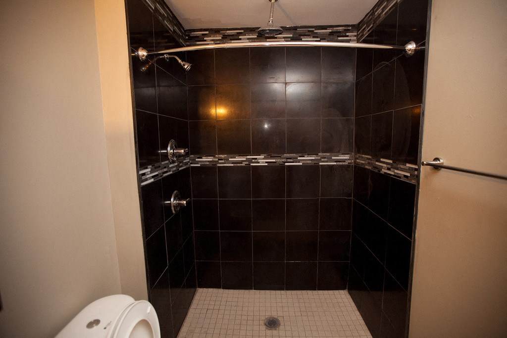 a bathroom with a black tiled shower and a toilet
