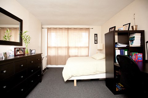 a bedroom with a bed and a dresser in it