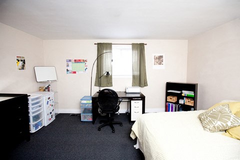 a bedroom with a bed and a desk and a chair