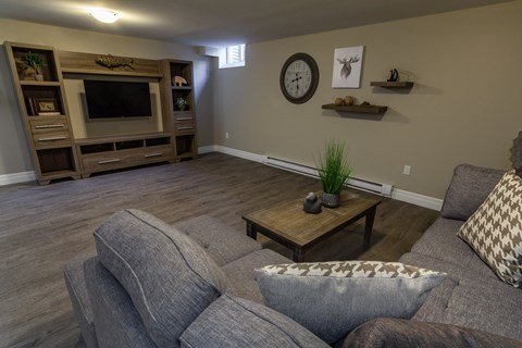 A living room with a grey couch and a wooden coffee table.