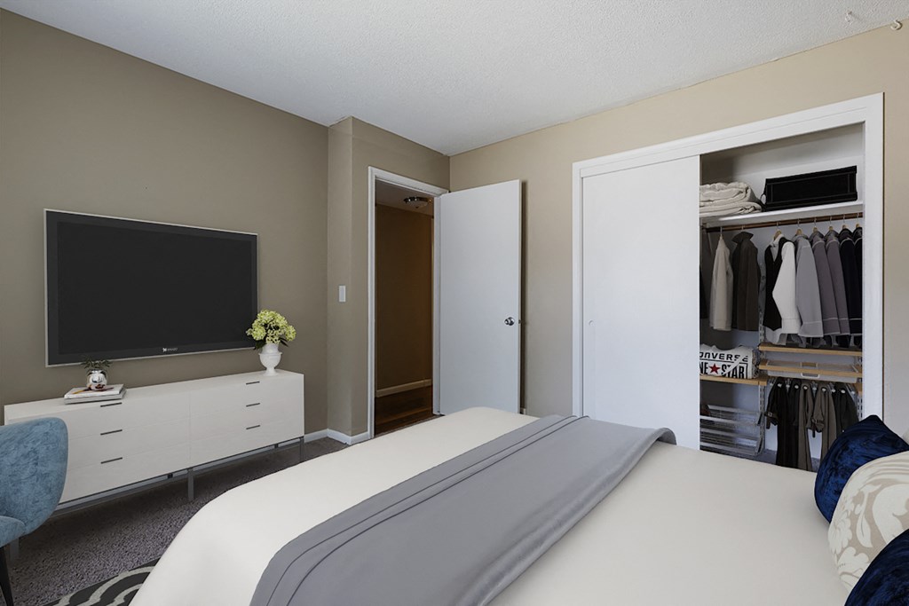 a bedroom with a bed and a dresser and a closet