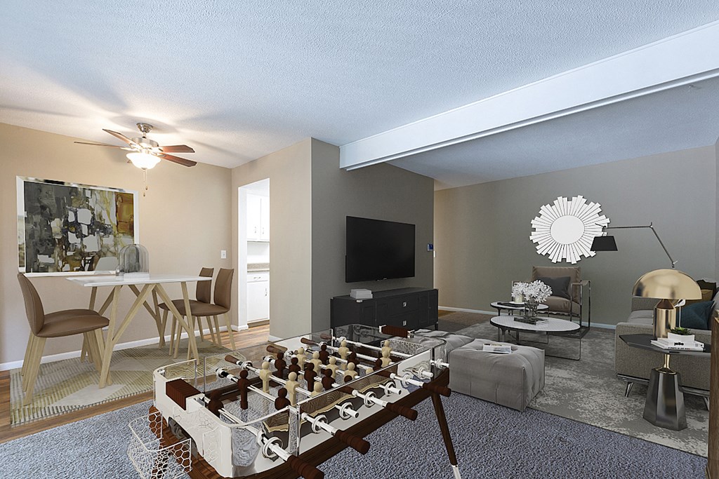 a living room with a large chess board in the middle