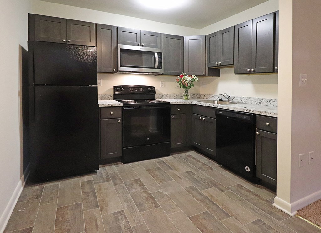 a kitchen with black appliances and black cabinets