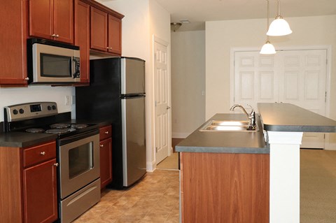 a kitchen with stainless steel appliances and wooden cabinets