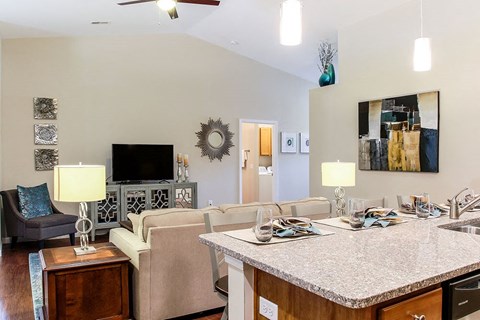 a living room and a kitchen with a counter top