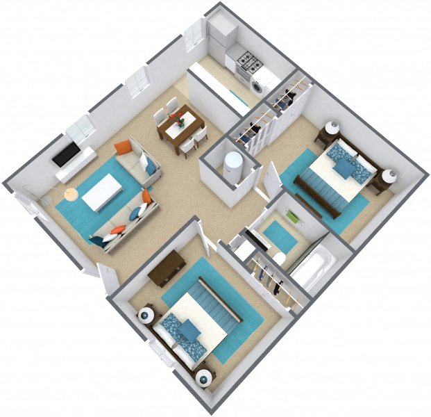Three dimensional image of two bedroom floor plan
