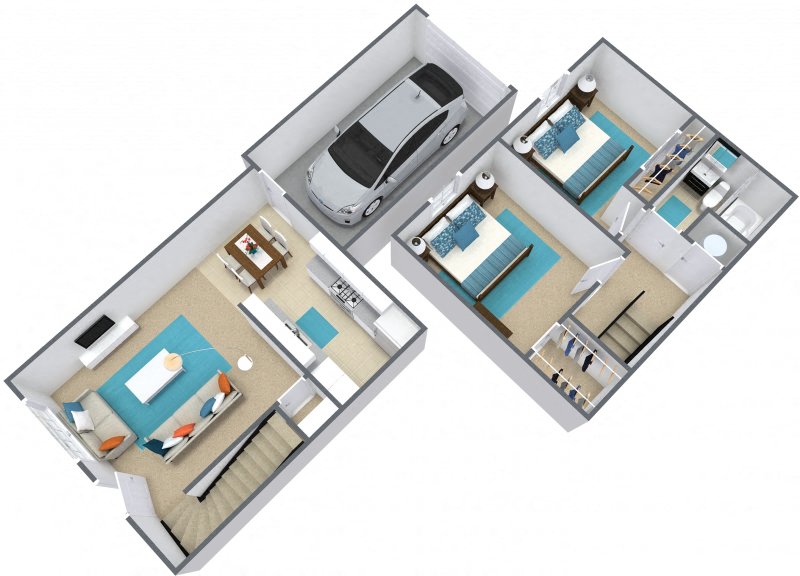 Three dimensional floor plan of a two bedroom town home