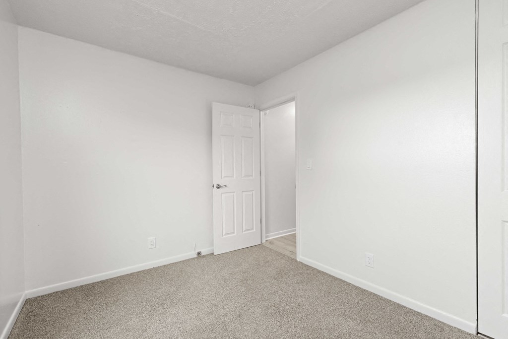 A white door is in the middle of a room with carpeted floor.