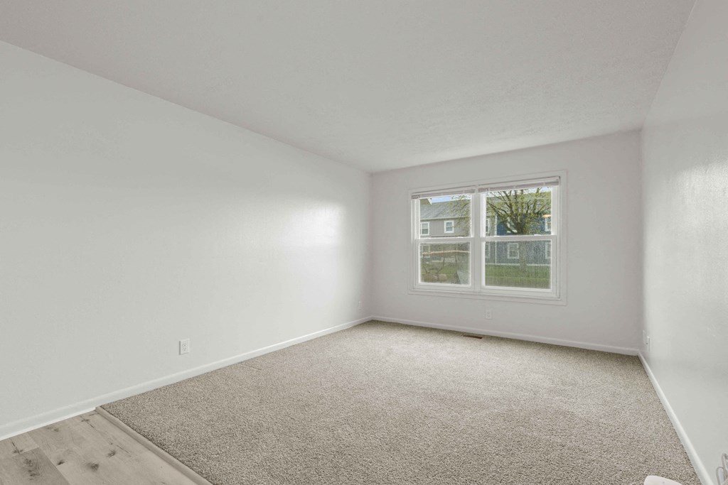 A room with a carpeted floor and a window showing a view of a house.