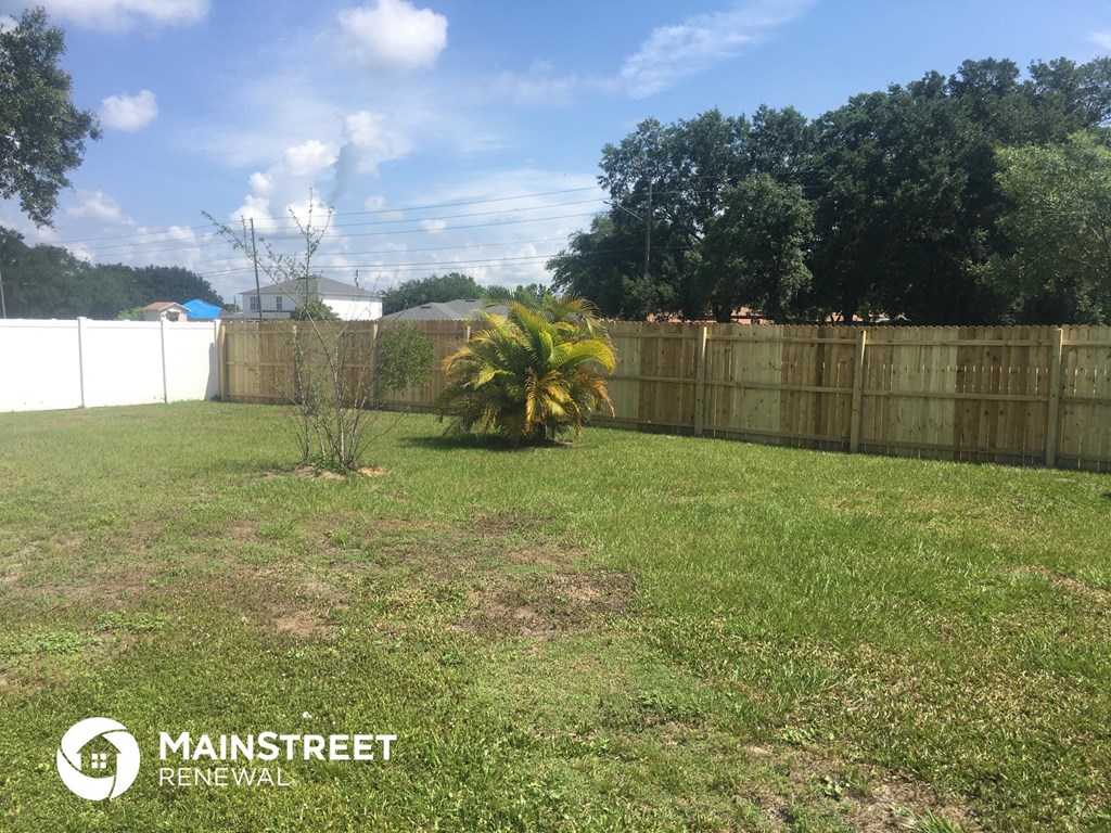 a backyard with a small palm tree in the middle