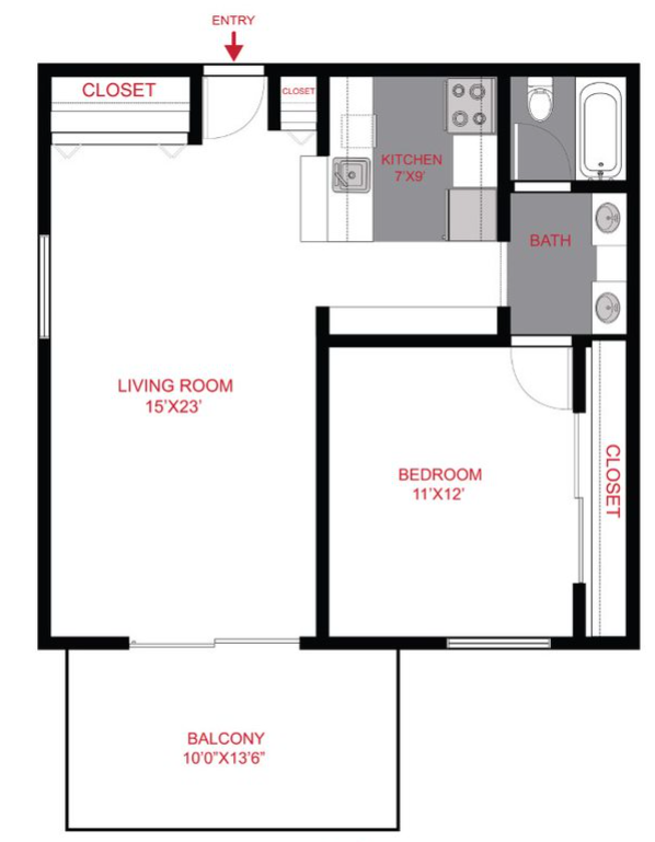 one bedroom apartment floor plan with large living room, balcony, one bathroom and a kitchen.