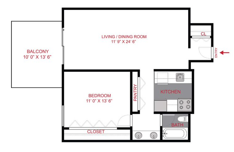 One bedroom floor plan image with large living room, balcony, one bathroom and a kitchen.
