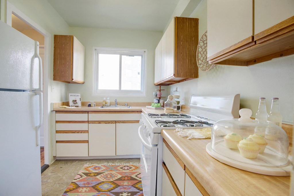 a kitchen with a stove and a refrigerator and a sink