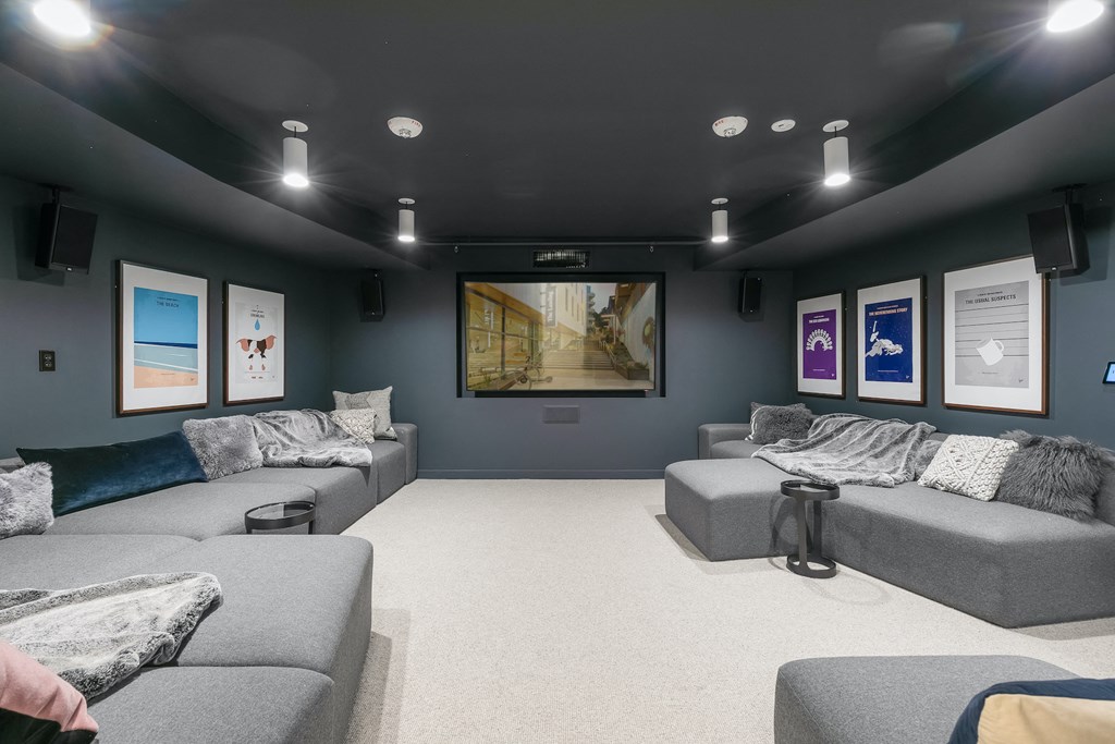 a blue screening room with couches and pictures on the wall