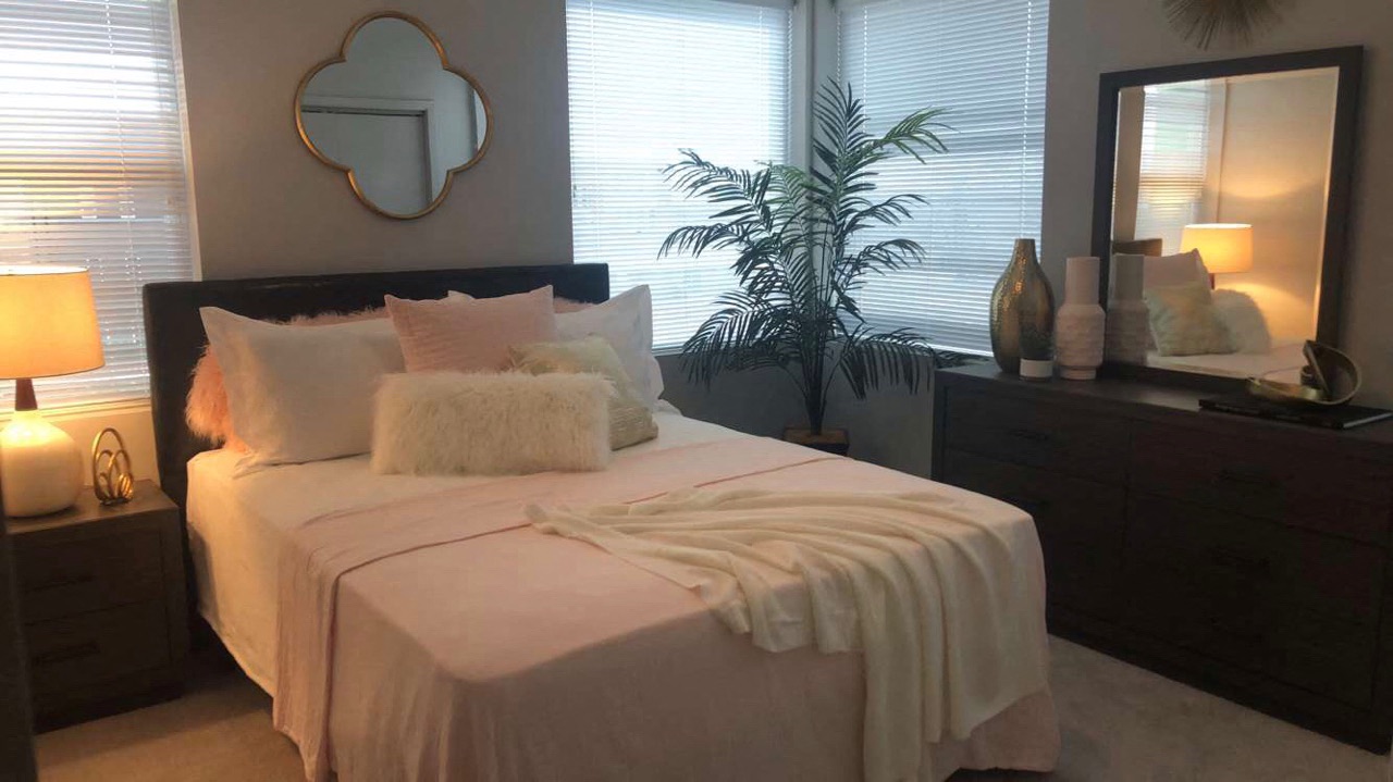 a bedroom with a bed and a mirror and a plant