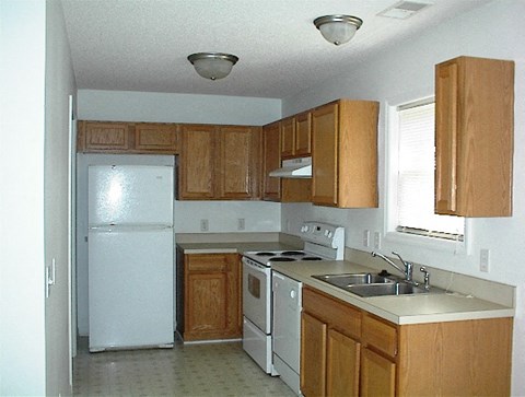 a kitchen with a white refrigerator and a sink