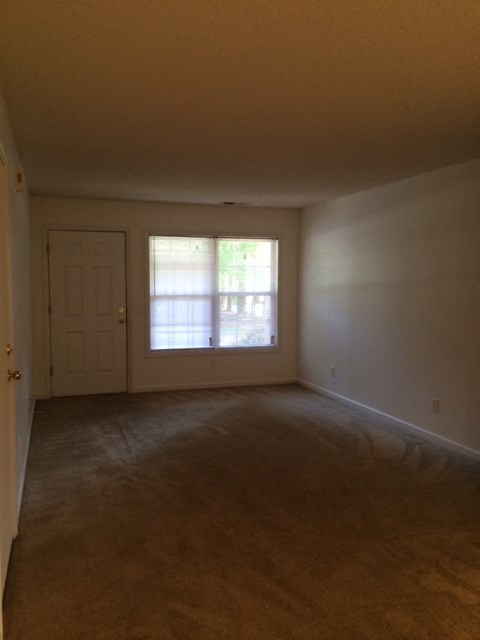 A room with a brown carpet and a white door.