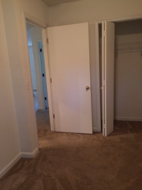 the view from the living room into the hallway with the closet door open