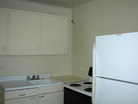 A white refrigerator sits next to a white sink in a kitchen.