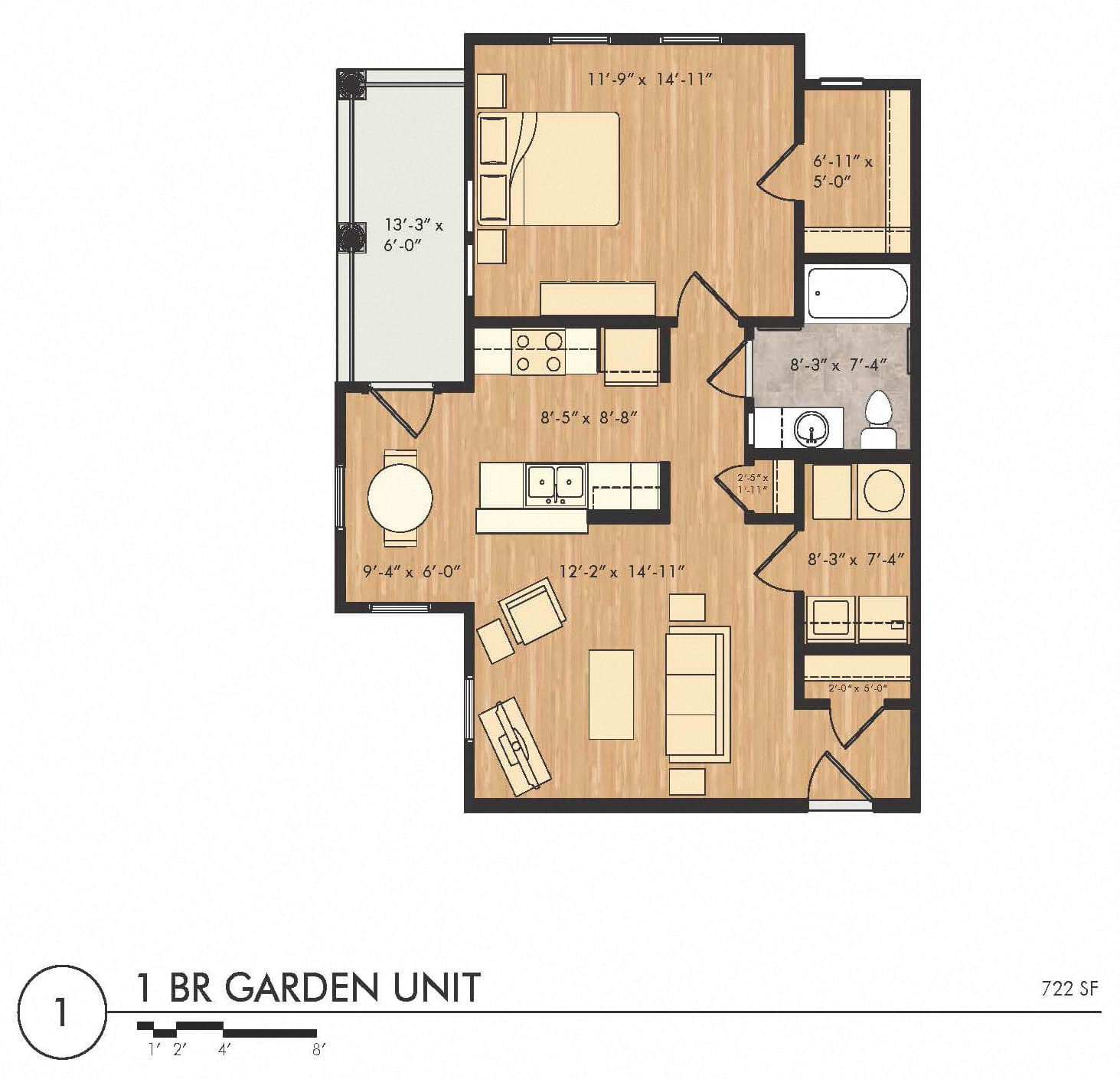 1 Bedroom 1 Bath 2D Floorplan-South City Apartments Memphis, TN