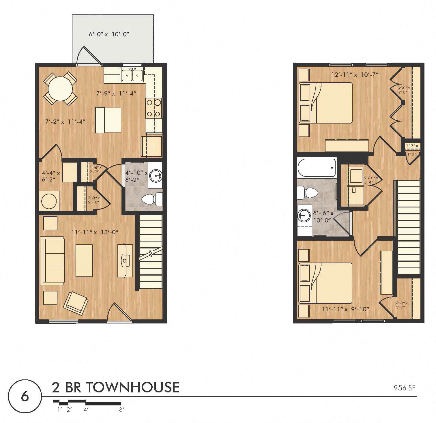 2 Bedroom 1.5 Bath Townhouse-2D Floorplan-South City Apartments Memphis, TN