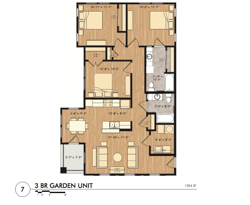 3 Bedroom 2 Bath Garden Unit-2D Floorplan-South City Apartments Memphis, TN