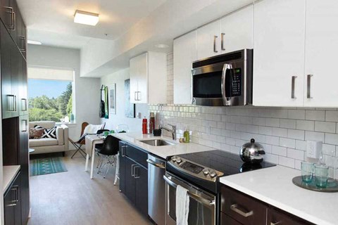 A kitchen with a black fridge and a black stove top oven.