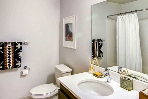 A bathroom with a toilet, sink, and a mirror.